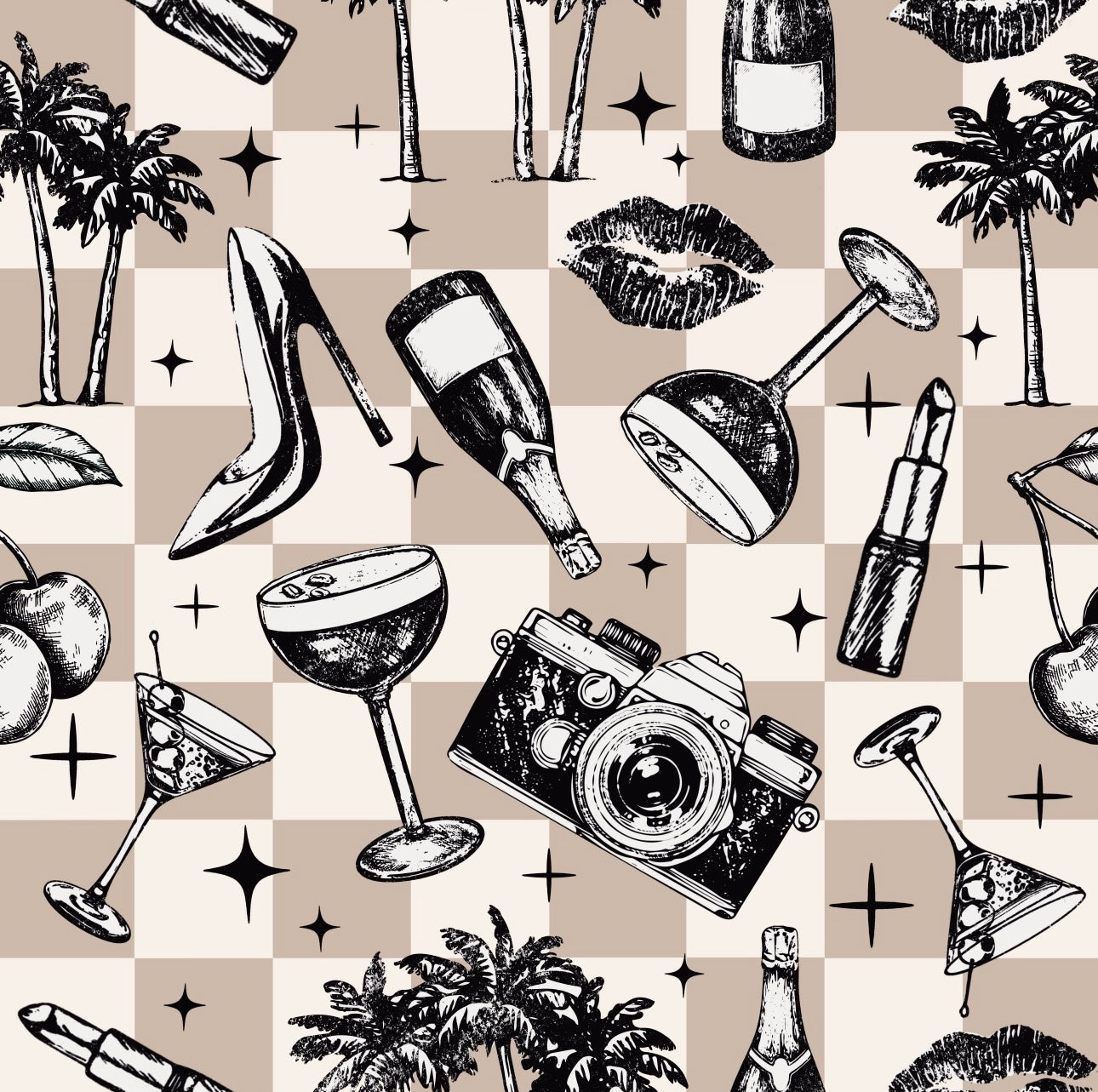A wallpaper featuring a black and white pattern with various objects including palm trees, high heels, lipstick, and camera