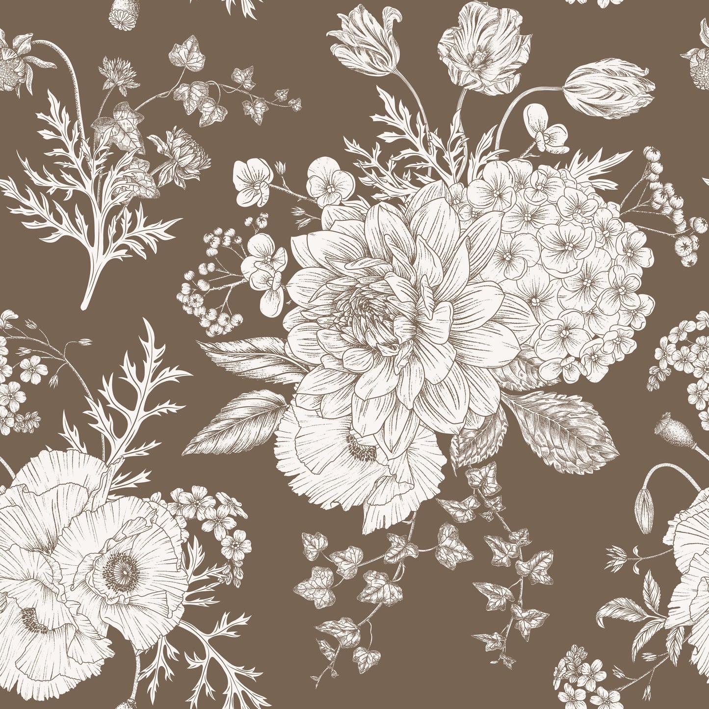 Vintage boho bouquet cream floral bouquet print on brown background easy to install and remove peel and stick custom wallpaper available in different lengths/sizes locally created and printed in Canada wallpaper. Washable, durable, commercial grade, removable and waterproof.