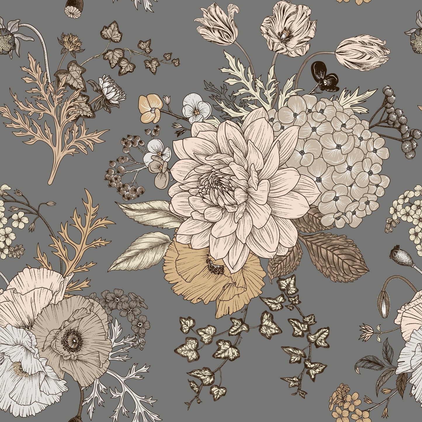 Vintage boho bouquet taupe, brown and cream floral bouquet print on blue grey/gray background easy to install and remove peel and stick custom wallpaper available in different lengths/sizes locally created and printed in Canada wallpaper. Washable, durable, commercial grade, removable and waterproof.