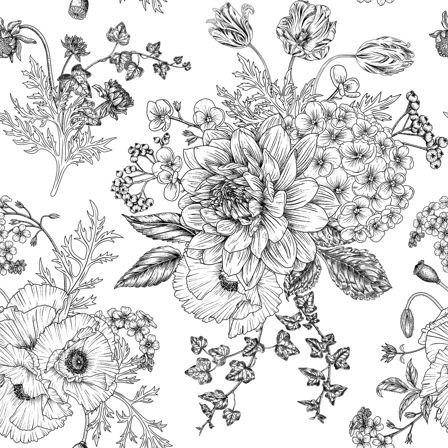 Vintage boho bouquet black floral bouquet print on white background easy to install and remove peel and stick custom wallpaper available in different lengths/sizes locally created and printed in Canada wallpaper. Washable, durable, commercial grade, removable and waterproof.