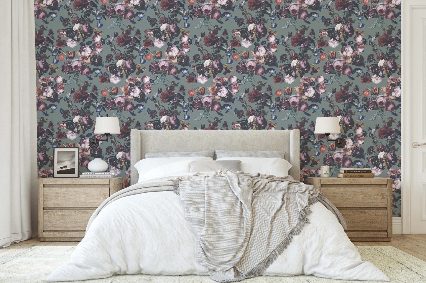 Flower multi-colour bouquets on teal/green background easy to install and remove peel and stick custom wallpaper available in different lengths/sizes locally created and printed in Canada. Removable, washable, durable, commercial grade, customizable and water proof.