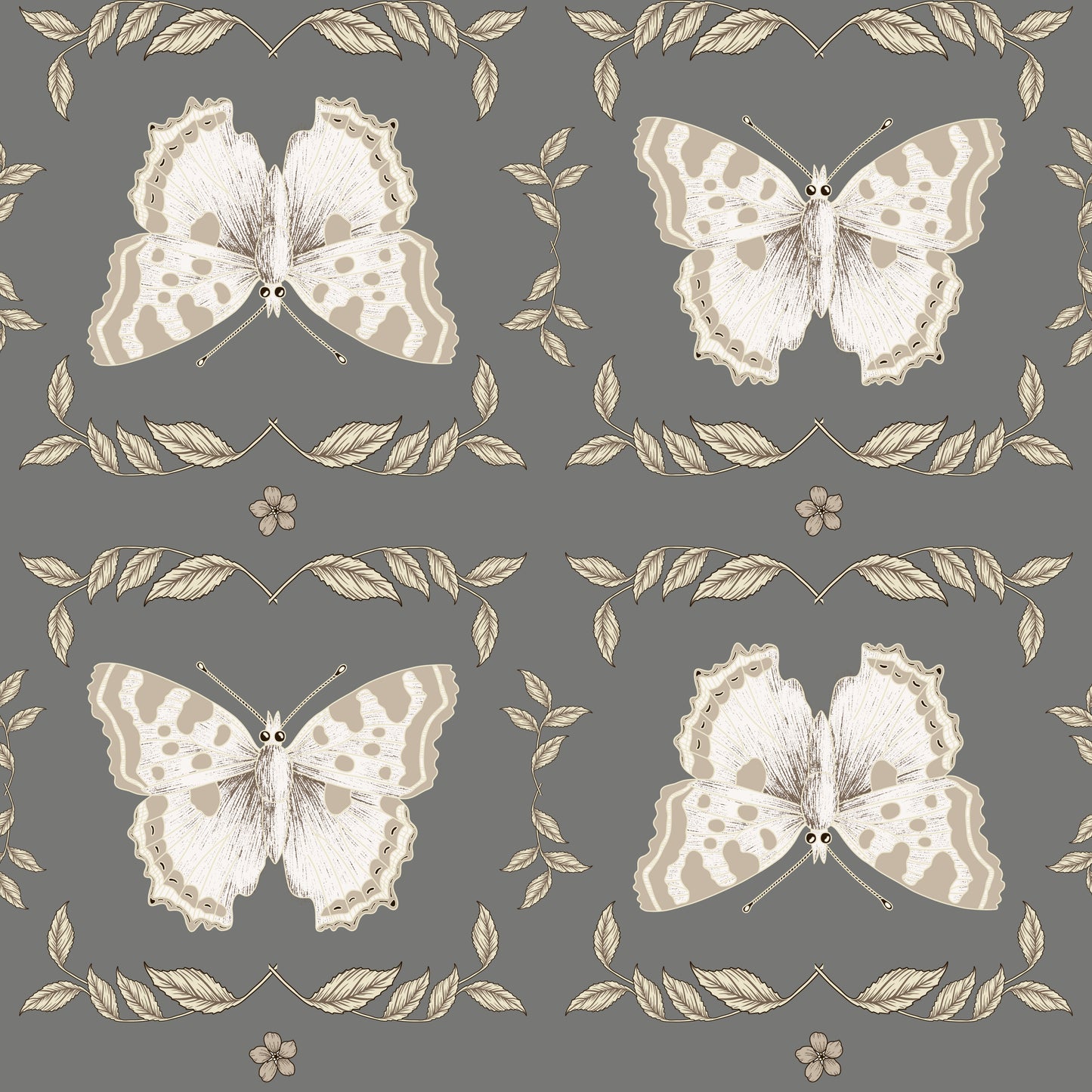 Neutral butterflies on grey/gray background easy to install and remove peel and stick custom wallpaper available in different lengths/sizes locally created and printed in Canada. Removable, washable, durable, commercial grade, customizable and water proof.