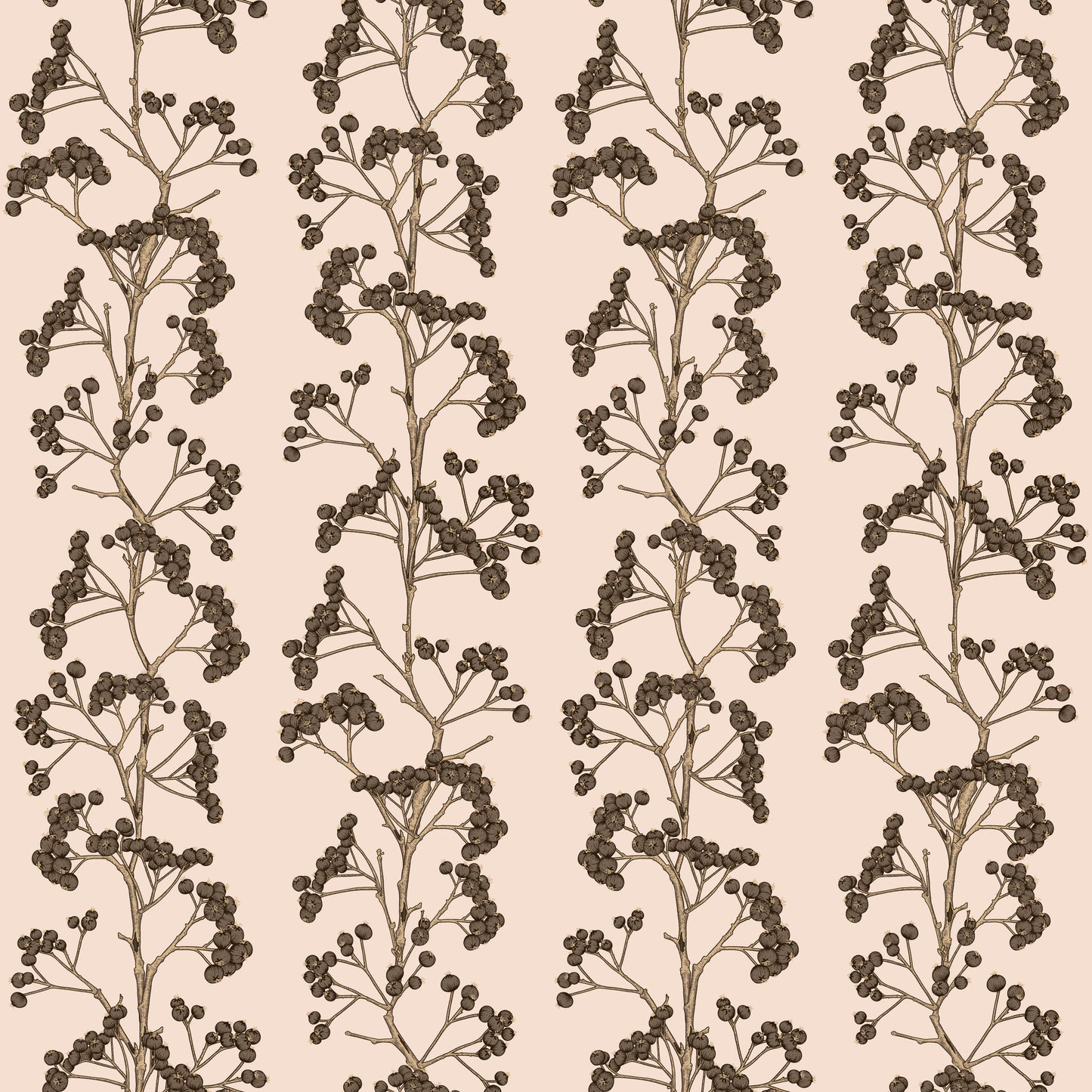 Brown firethorn print on rose/pink background easy to install and remove peel and stick custom wallpaper available in different lengths/sizes locally created and printed in Canada. Removable, washable, durable, commercial grade, customizable and water proof.