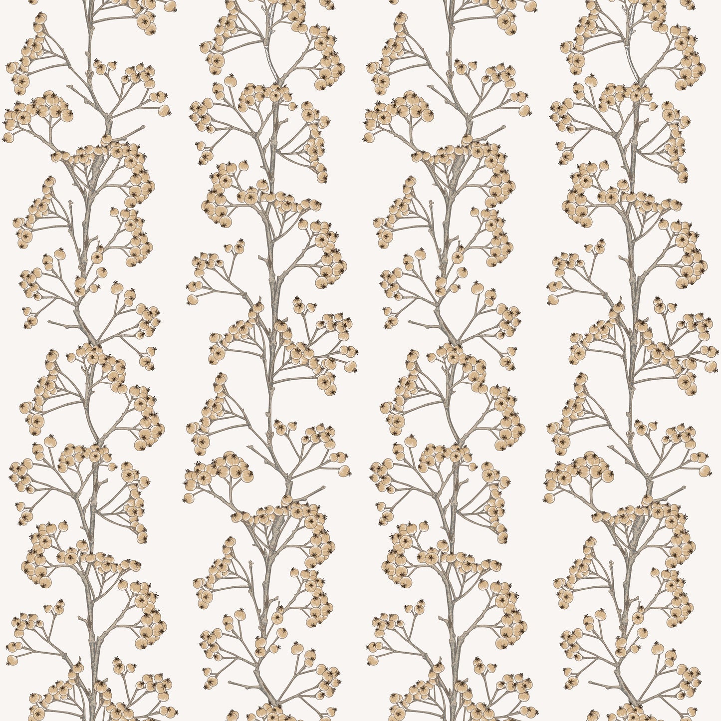 Tan firethorn print on cream background easy to install and remove peel and stick custom wallpaper available in different lengths/sizes locally created and printed in Canada. Removable, washable, durable, commercial grade, customizable and water proof.