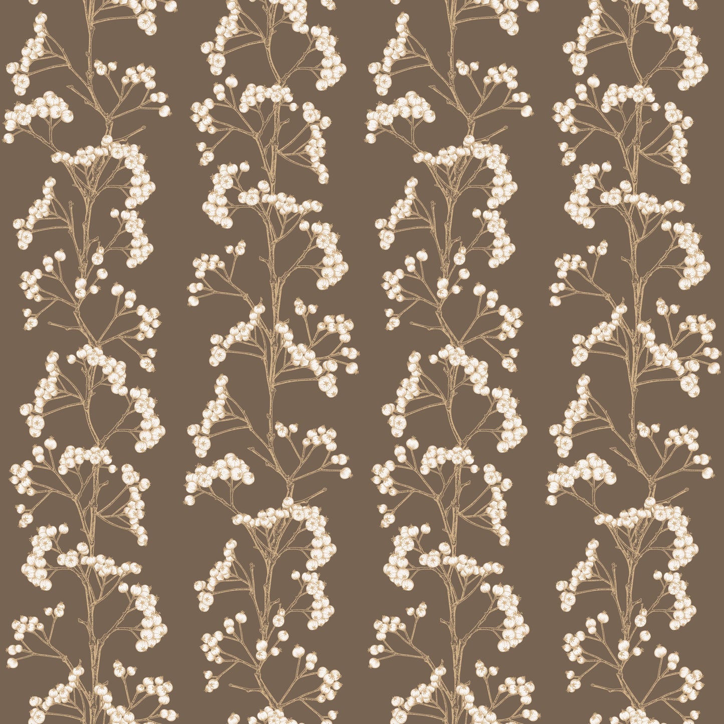 White firethorns print on brown background easy to install and remove peel and stick custom wallpaper available in different lengths/sizes locally created and printed in Canada. Removable, washable, durable, commercial grade, customizable and water proof.