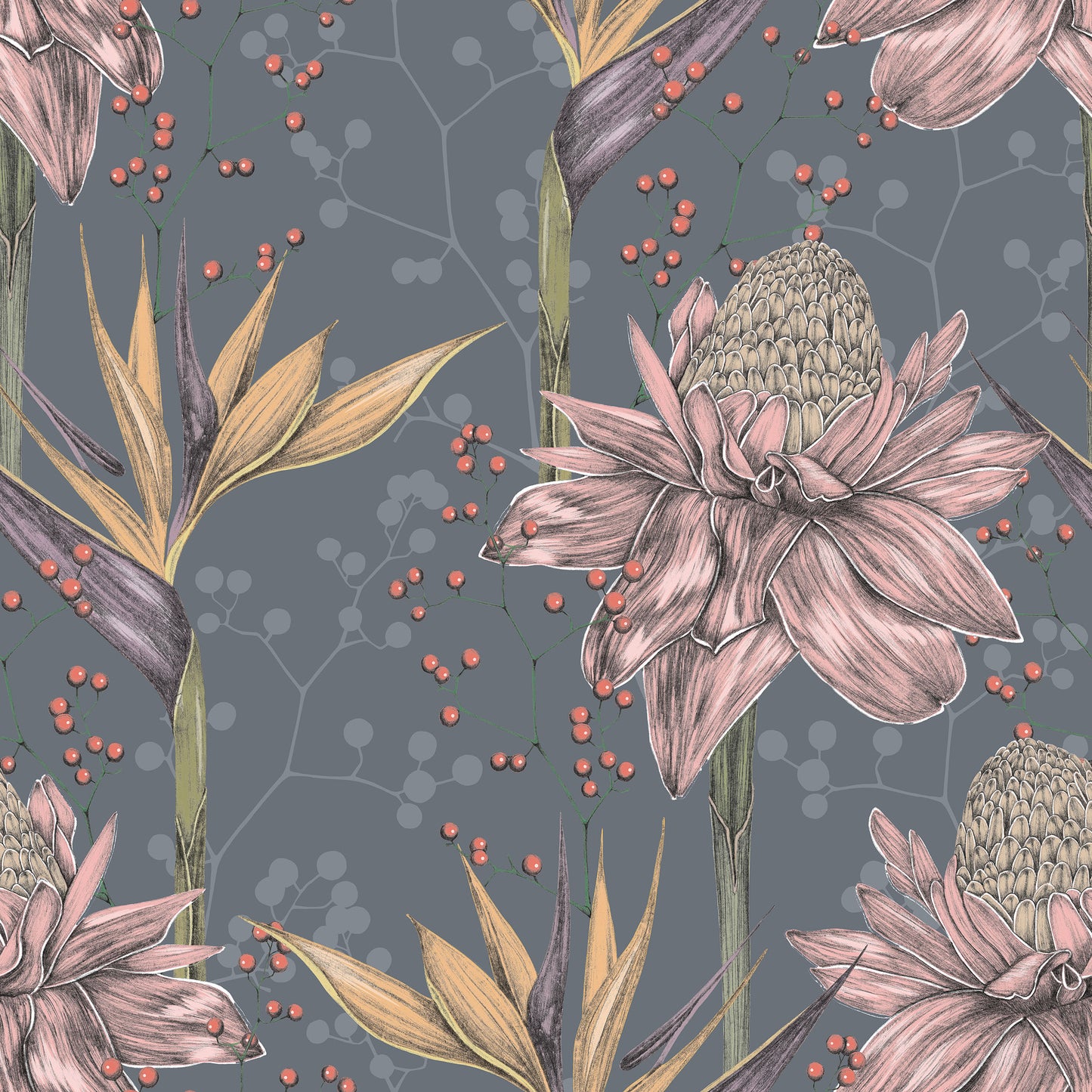 Foral paradise rose/pink and green floral print with yellow, brown and green birds of paradise flowers on grey/gray background easy to install and remove peel and stick custom wallpaper available in different lengths/sizes locally created and printed in Canada. Removable, washable, durable, commercial grade, customizable and water proof.