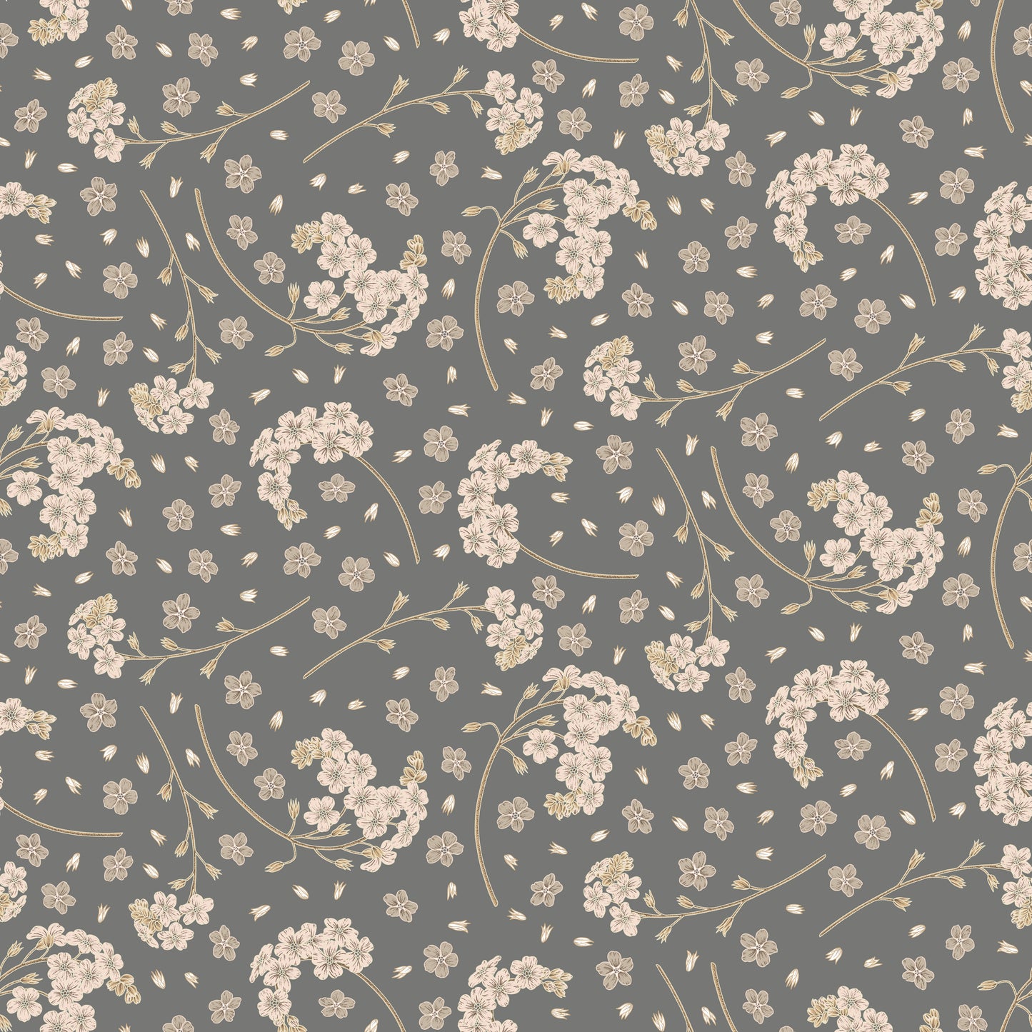 cream/beige forget me not flowers on grey/gray  background easy to install and remove peel and stick custom wallpaper available in different lengths/sizes locally created and printed in Canada. Removable, washable, durable, commercial grade, customizable and water proof.