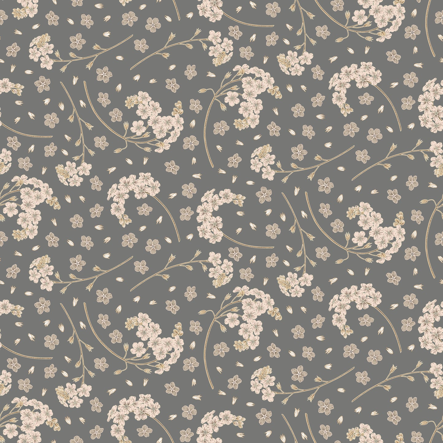cream/beige forget me not flowers on grey/gray background easy to install and remove peel and stick custom wallpaper available in different lengths/sizes locally created and printed in Canada. Removable, washable, durable, commercial grade, customizable and water proof.