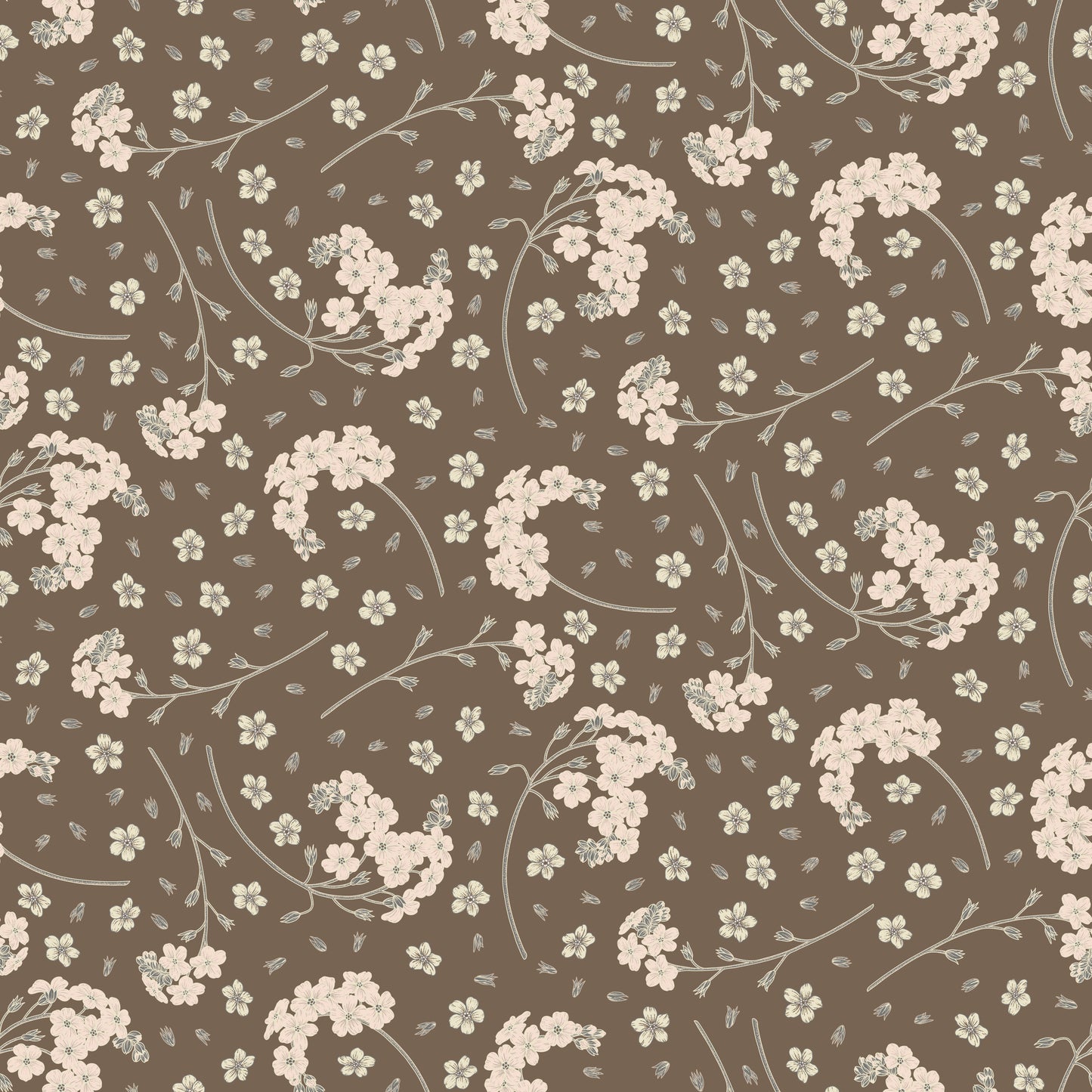 White forget me not flower print on brown background easy to install and remove peel and stick custom wallpaper available in different lengths/sizes locally created and printed in Canada. Removable, washable, durable, commercial grade, customizable and water proof.