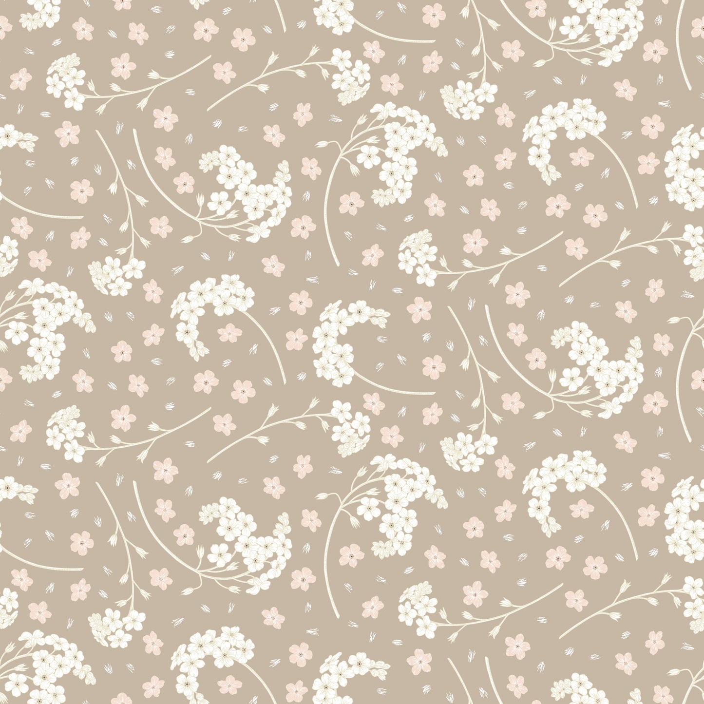 White forget me not flower print on cream/beige background easy to install and remove peel and stick custom wallpaper available in different lengths/sizes locally created and printed in Canada. Removable, washable, durable, commercial grade, customizable and water proof.