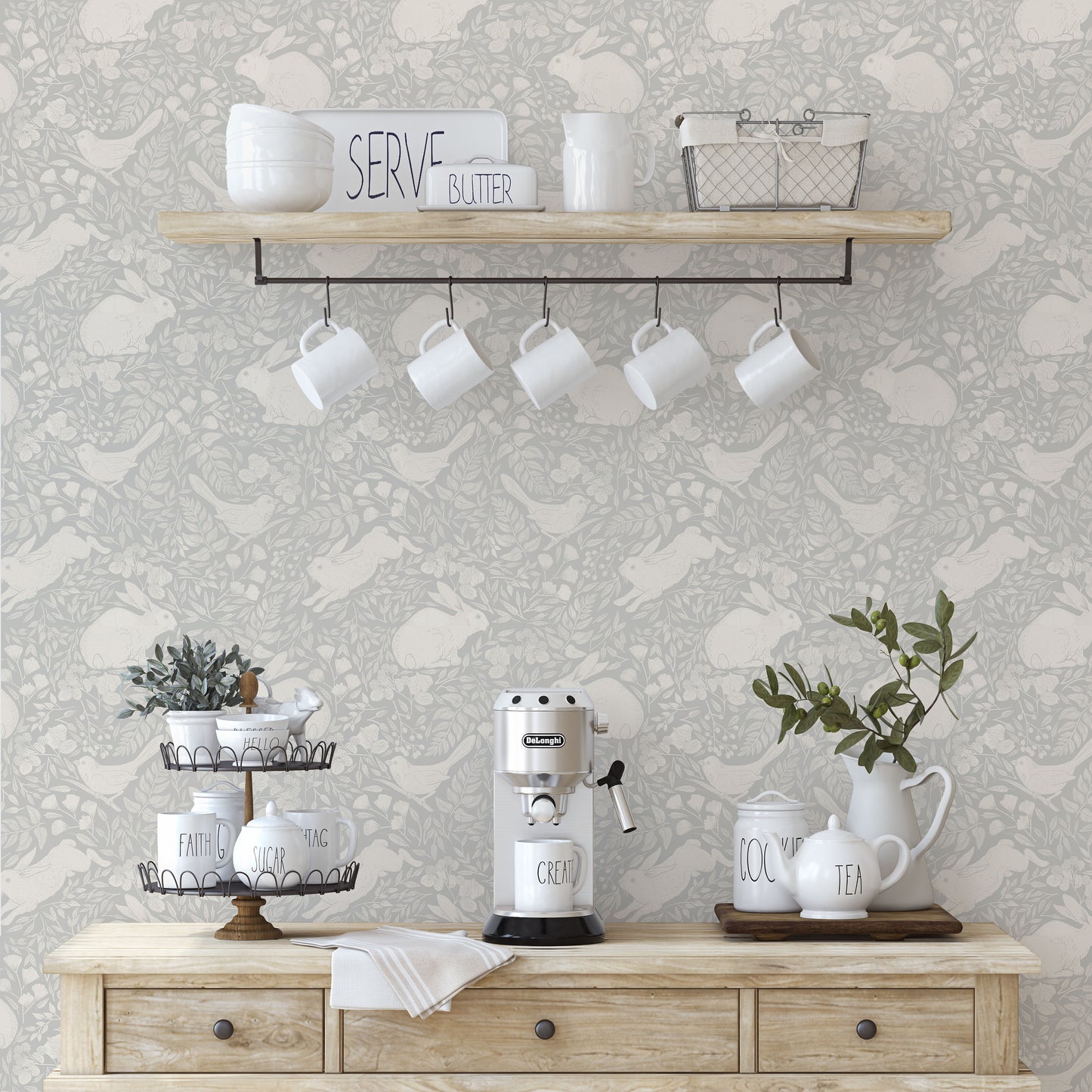 Cream bunnies, birds and flower print on light grey/gray background easy to install and remove peel and stick custom wallpaper available in different lengths/sizes locally created and printed in Canada. Removable, washable, durable, commercial grade, customizable and water proof.