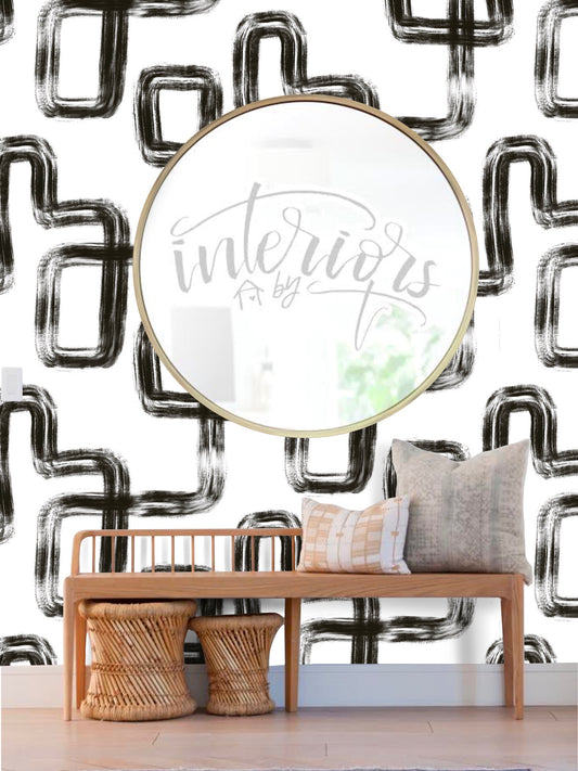 Black brushed modern print on white background easy to install and remove peel and stick custom wallpaper available in different lengths/sizes locally created and printed in Canada. Removable, washable, durable, commercial grade, customizable and water proof.
