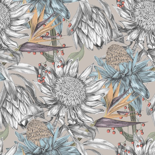 Fun yellow, blue, white and green Viola bouquet on beige background easy to install and remove peel and stick custom wallpaper available in different lengths/sizes locally created and printed in Canada wallpaper. Washable, durable, commercial grade, removable and waterproof.