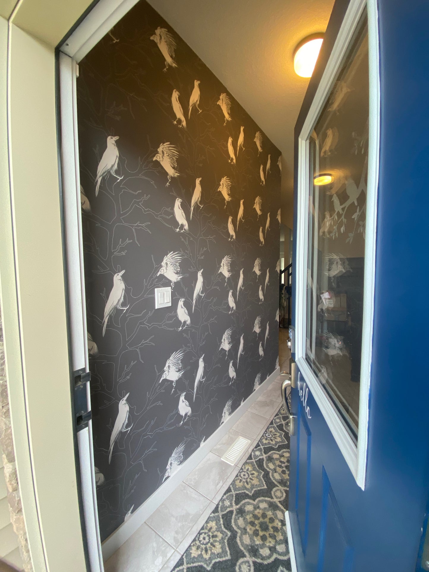 White crows and trees on black background easy to install and remove peel and stick custom wallpaper available in different lengths/sizes locally created and printed in Canada. Removable, washable, durable, commercial grade, customizable and water proof.