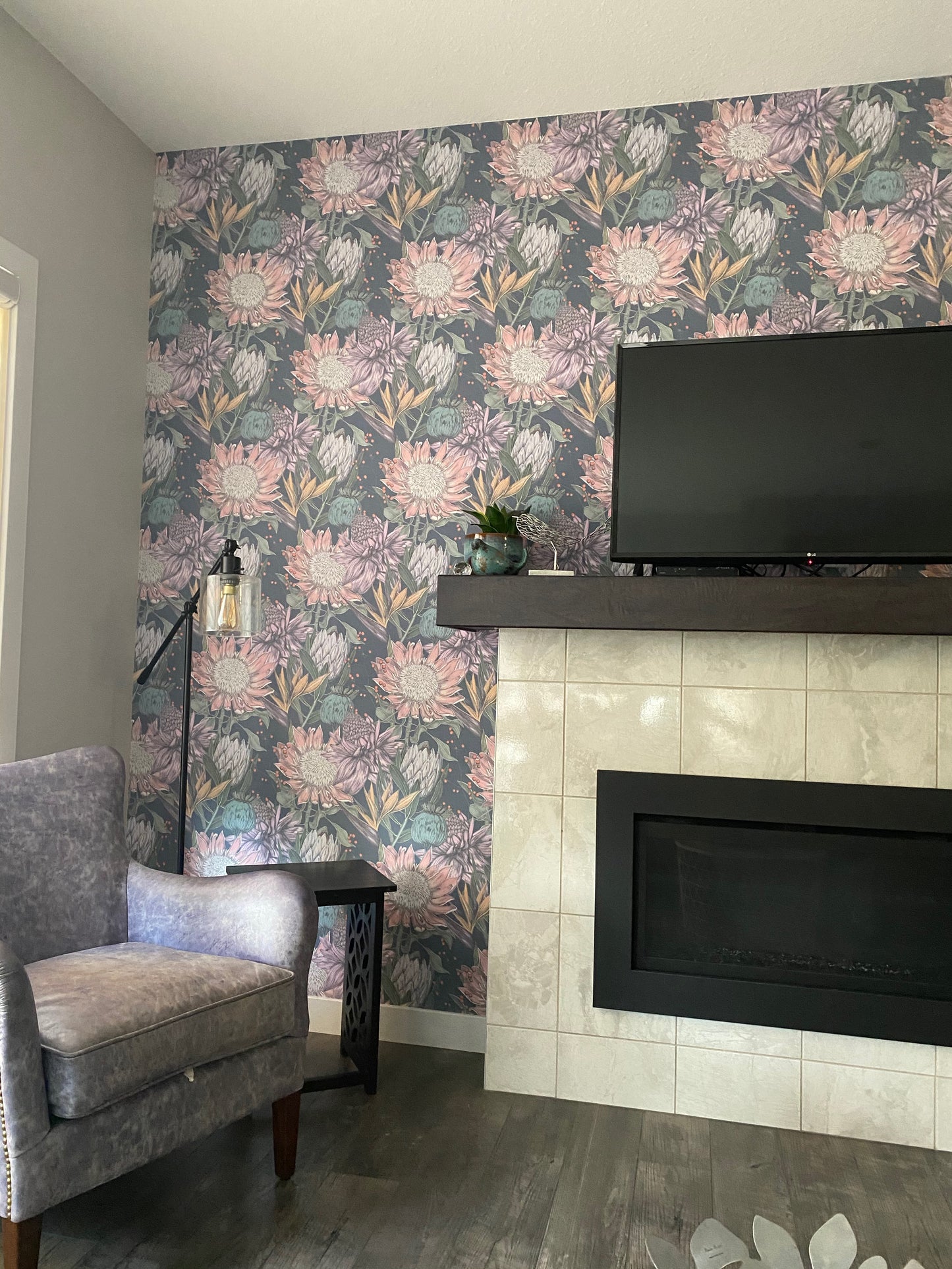 Fun yellow, blue, white and green Viola bouquet on navy blue background easy to install and remove peel and stick custom wallpaper available in different lengths/sizes locally created and printed in Canada wallpaper. Washable, durable, commercial grade, removable and waterproof.