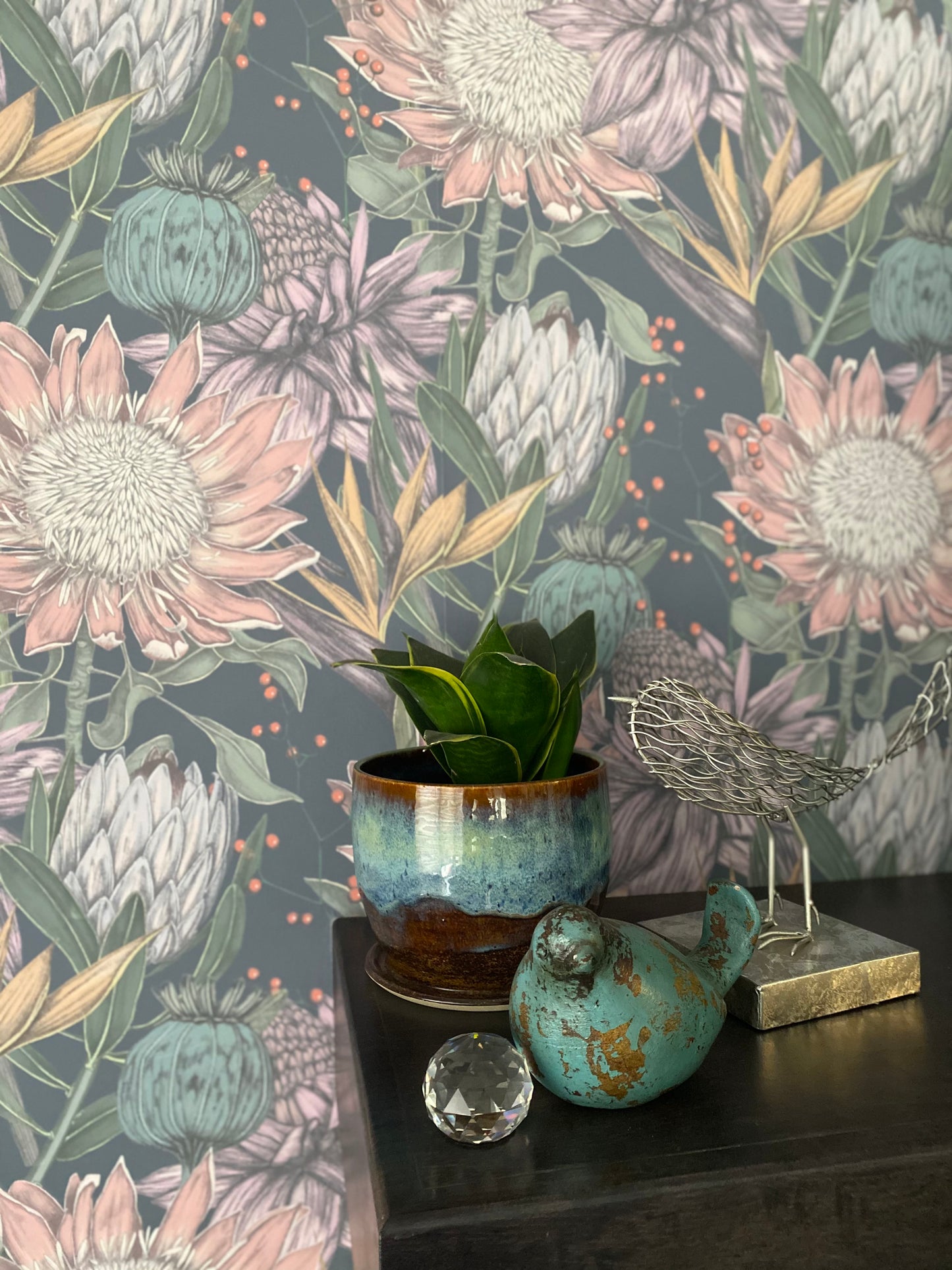 Fun yellow, blue, white and green Viola bouquet on blue background easy to install and remove peel and stick custom wallpaper available in different lengths/sizes locally created and printed in Canada wallpaper. Washable, durable, commercial grade, removable and waterproof.