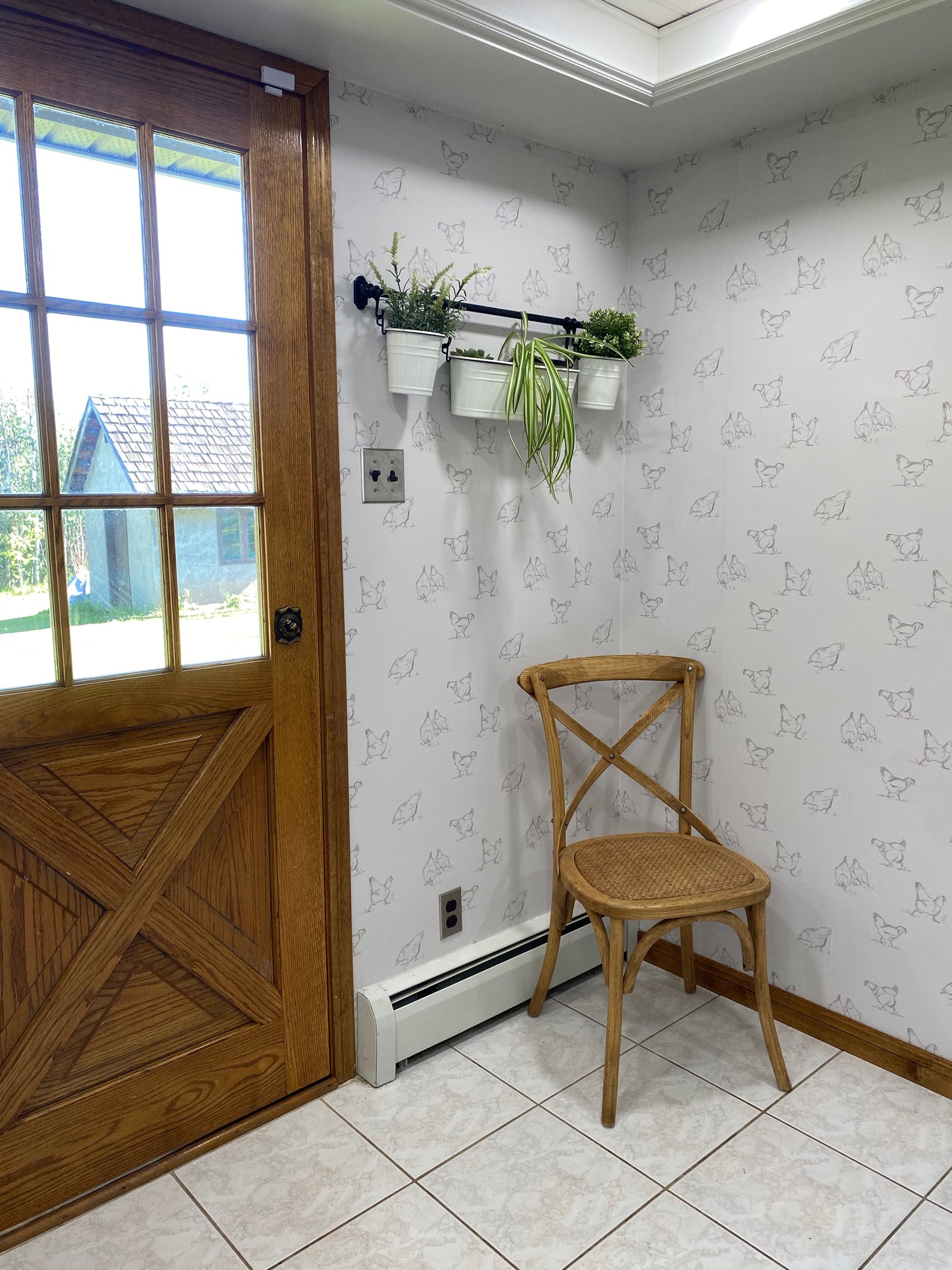 Light grey/gray chicken pattern on cream background easy to install and remove peel and stick custom wallpaper available in different lengths/sizes locally created and printed in Canada Artichoke wallpaper. Washable, durable, commercial grade, removable and waterproof.