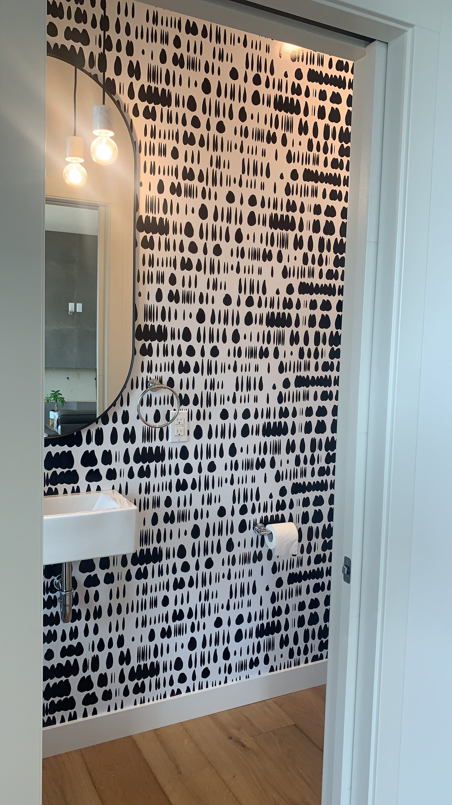 Grey/gray dripping dots on white background easy to install and remove peel and stick custom wallpaper available in different lengths/sizes locally created and printed in Canada. Removable, washable, durable, commercial grade, customizable and water proof.