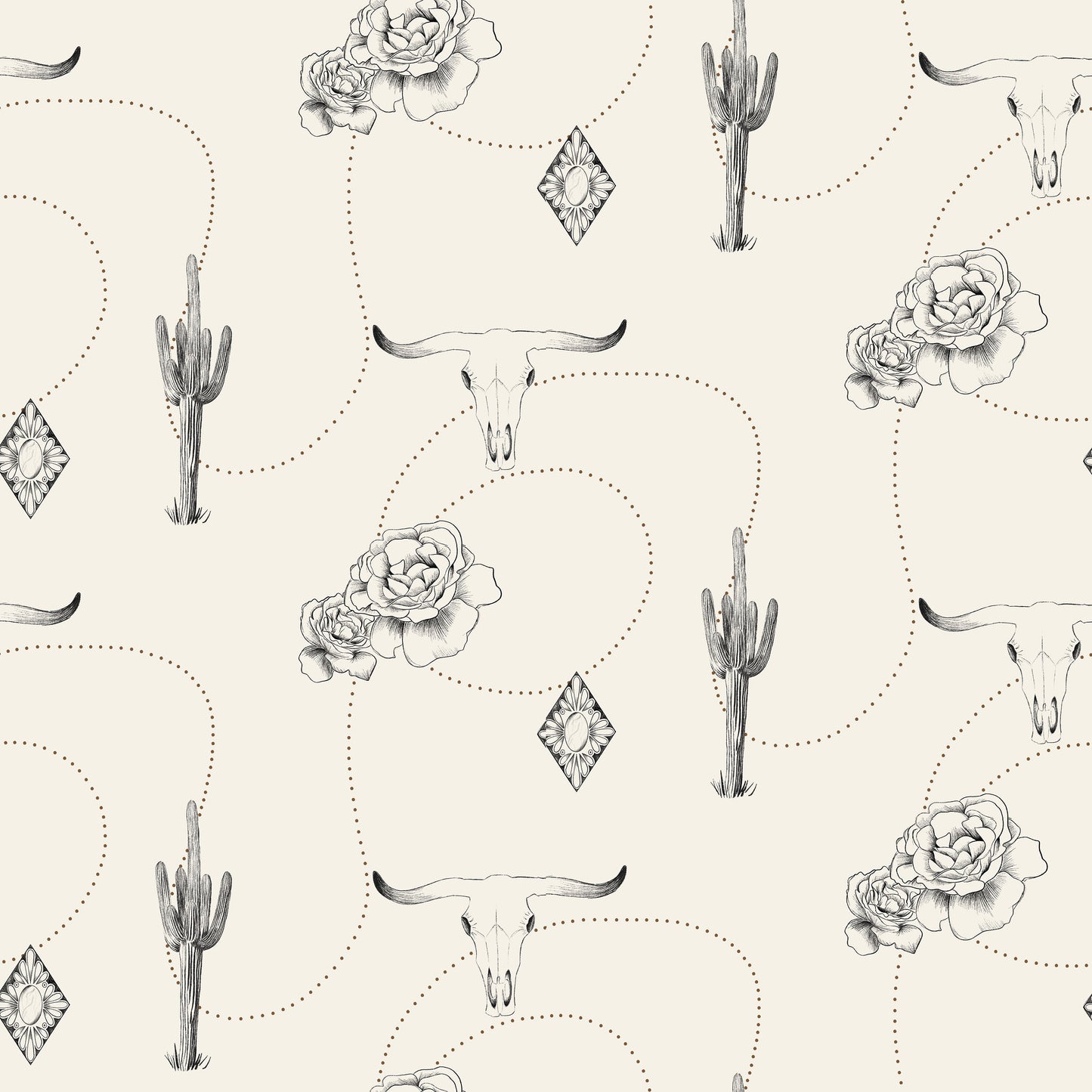 Cowgirl rose, desert, bull skull & cactus print on white background easy to install and remove peel and stick custom wallpaper available in different lengths/sizes locally created and printed in Canada Artichoke wallpaper. Washable, durable, commercial grade, removable and waterproof.