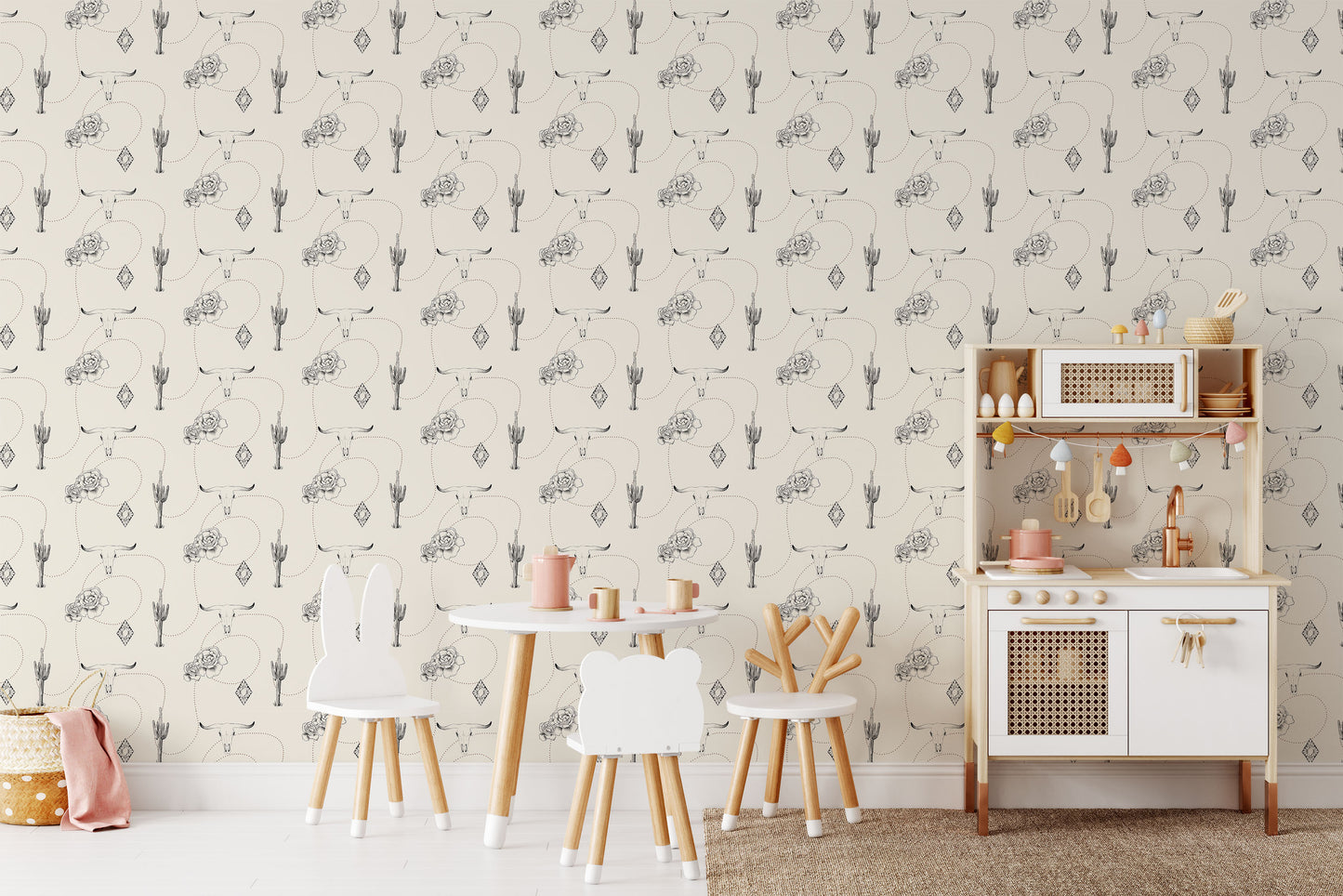 Cowgirl black rose, desert, bull skull & cactus print on cream background easy to install and remove peel and stick custom wallpaper available in different lengths/sizes locally created and printed in Canada Artichoke wallpaper. Washable, durable, commercial grade, removable and waterproof.