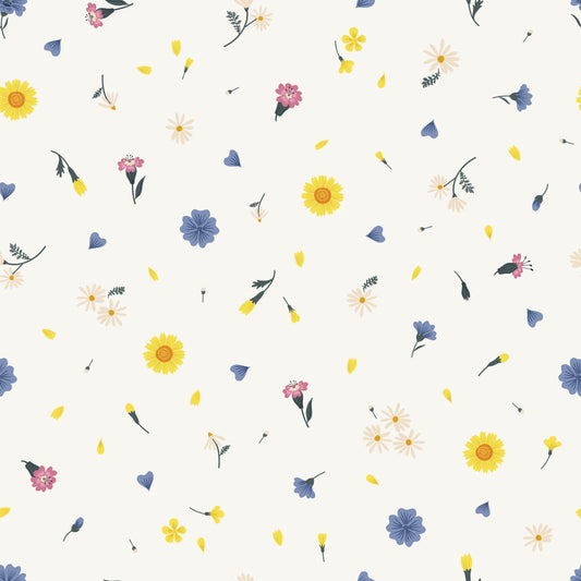 Whimsical yellow, blue and pink floral pattern on cream background easy to install and remove peel and stick custom wallpaper available in different lengths/sizes locally created and printed in Canada wallpaper. Washable, durable, commercial grade, removable and waterproof.
