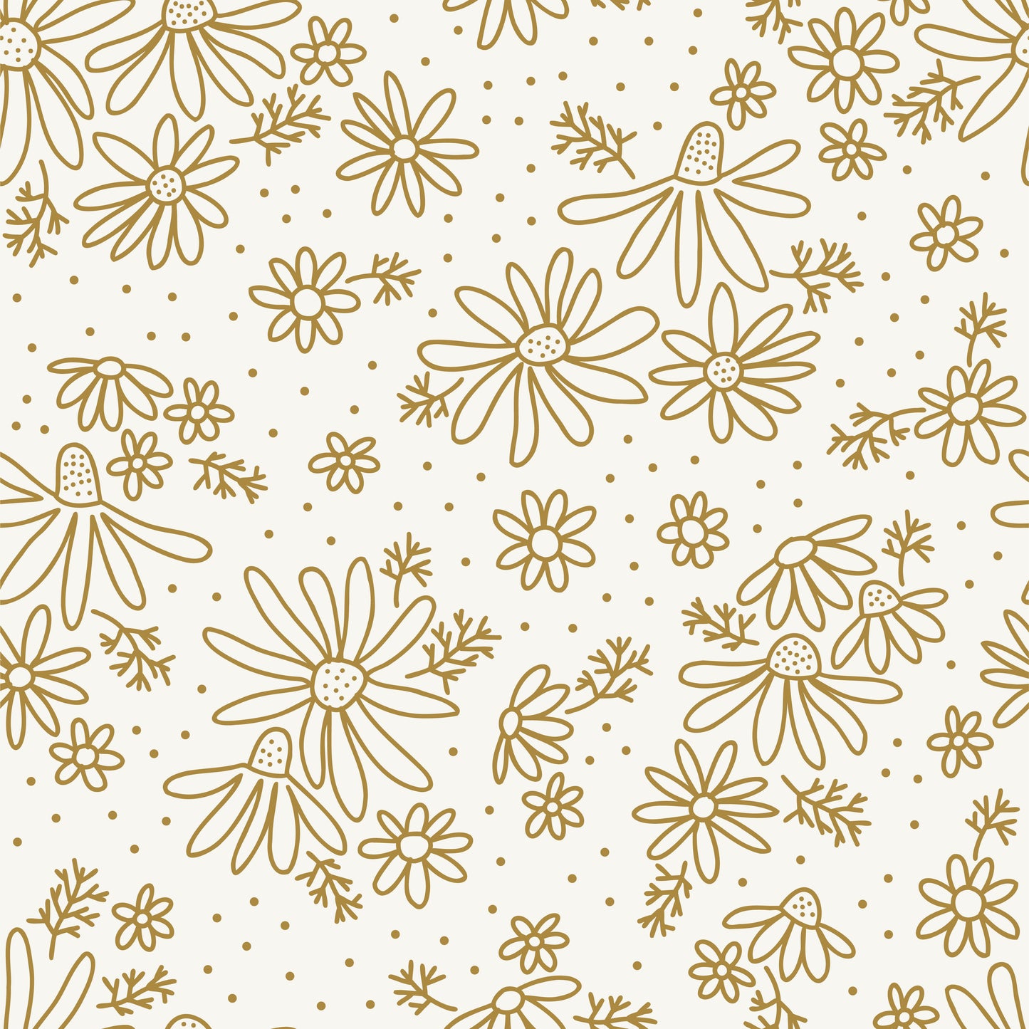 Golden/yellow retro daisy floral design on cream background easy to install and remove peel and stick custom wallpaper available in different lengths/sizes locally created and printed in Canada Artichoke wallpaper. Washable, durable, commercial grade, removable and waterproof.