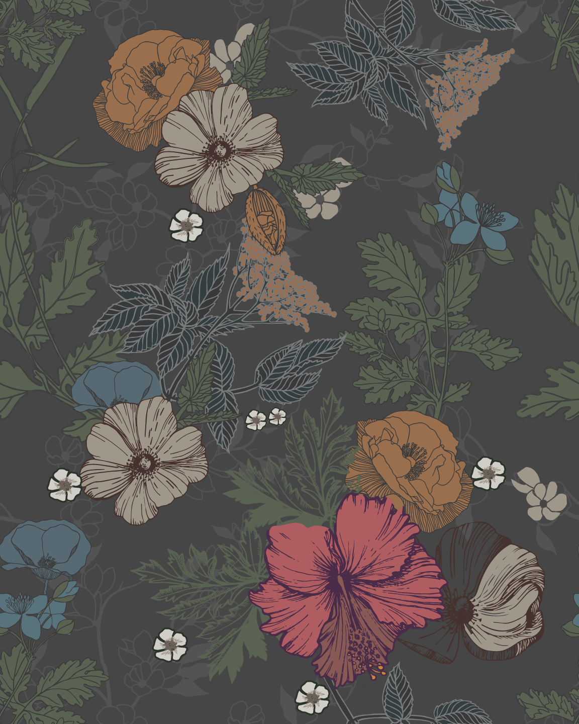 Pink/rose, blue, green and taupe floral pattern on teal background easy to install and remove peel and stick custom wallpaper available in different lengths/sizes locally created and printed in Canada Artichoke wallpaper. Washable, durable, commercial grade, removable and waterproof.