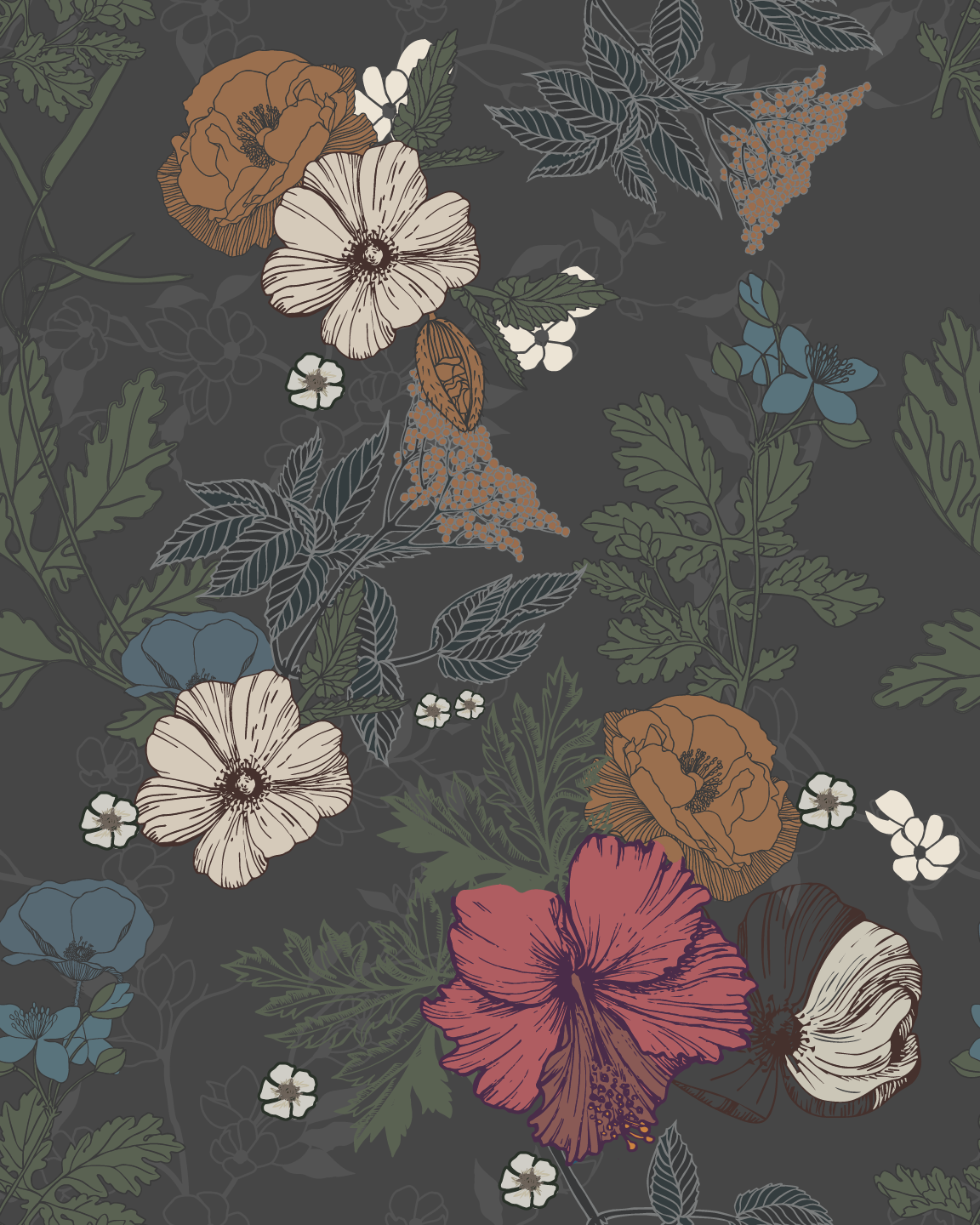 Pink/rose, blue, green and cream floral pattern on teal background easy to install and remove peel and stick custom wallpaper available in different lengths/sizes locally created and printed in Canada Artichoke wallpaper. Washable, durable, commercial grade, removable and waterproof.