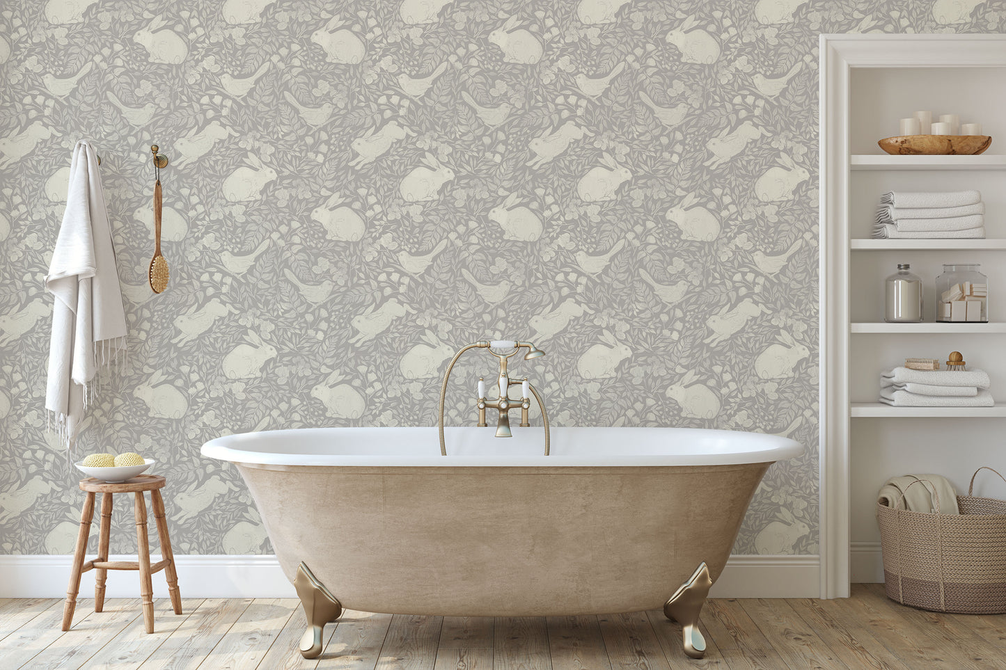 Cream bunny/rabbit and bird pattern on light grey/gray background easy to install and remove peel and stick custom wallpaper available in different lengths/sizes locally created and printed in Canada Artichoke wallpaper. Washable, durable, commercial grade, removable and waterproof.