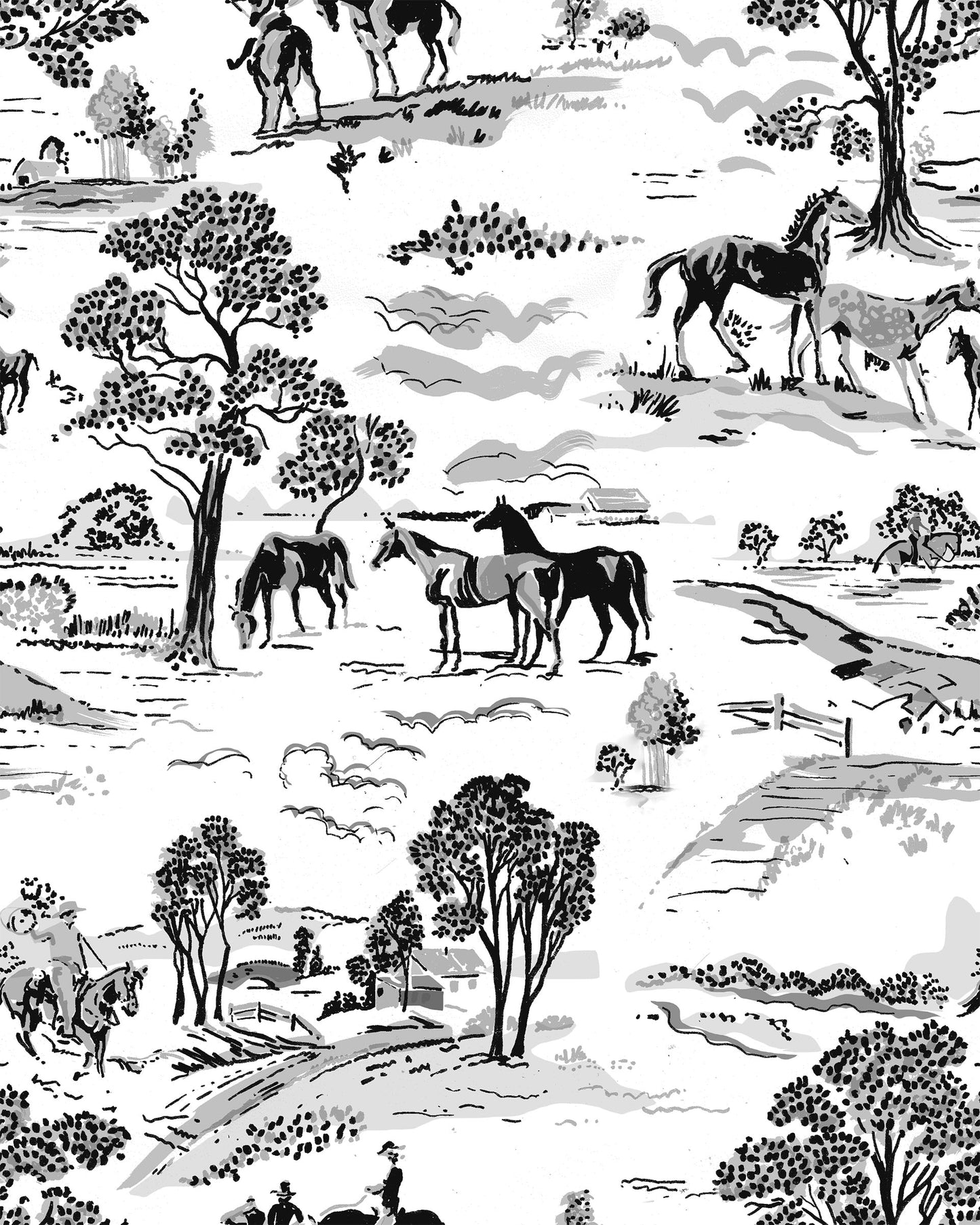Cowboy black horses and trees on white background easy to install and remove peel and stick custom wallpaper available in different lengths/sizes locally created and printed in Canada. Removable, washable, durable, commercial grade, customizable and water proof.