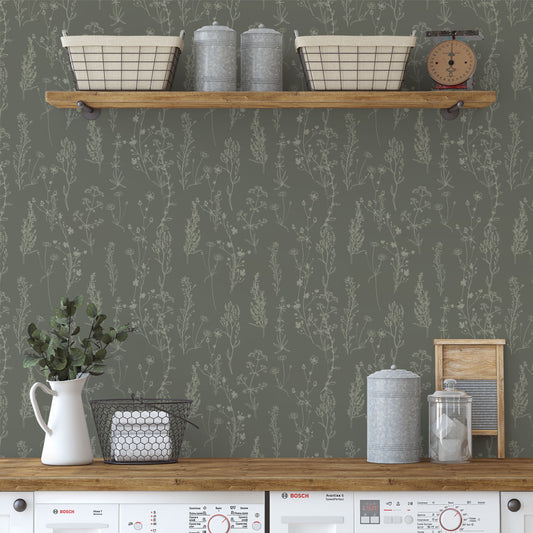 Cream foliage/wildflower design on green background easy to install and remove peel and stick custom wallpaper available in different lengths/sizes locally created and printed in Canada Artichoke wallpaper. Washable, durable, commercial grade, removable and waterproof.