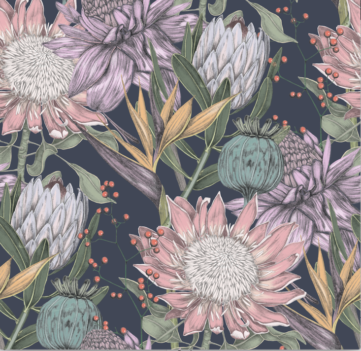 Fun yellow, blue, white and green Viola bouquet on navy background easy to install and remove peel and stick custom wallpaper available in different lengths/sizes locally created and printed in Canada wallpaper. Washable, durable, commercial grade, removable and waterproof.