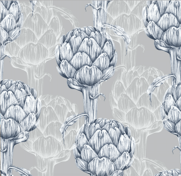 Blue and white artichoke with light grey/gray background easy to install and remove peel and stick custom wallpaper available in different lengths/sizes locally created and printed in Canada. Waterproof, washable, removable, commercial grade and durable.