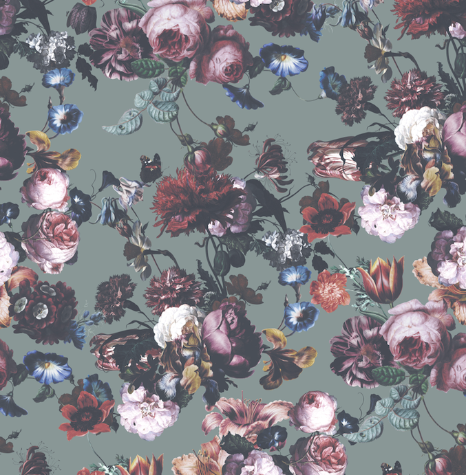 Flower multi-colour bouquets on teal/green background easy to install and remove peel and stick custom wallpaper available in different lengths/sizes locally created and printed in Canada. Removable, washable, durable, commercial grade, customizable and water proof.