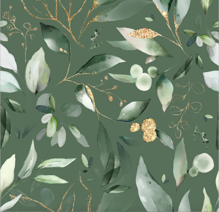 White and green greenery/foliage on emerald green background easy to install and remove peel and stick custom wallpaper available in different lengths/sizes locally created and printed in Canada. Removable, washable, durable, commercial grade, customizable and water proof.