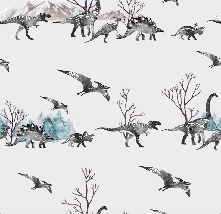 Dinos in the forest dinosaur, trees, t-rex, stegosaurus, pterodactyl print on white background easy to install and remove peel and stick custom wallpaper available in different lengths/sizes locally created and printed in Canada. Removable, washable, durable, commercial grade, customizable and water proof.