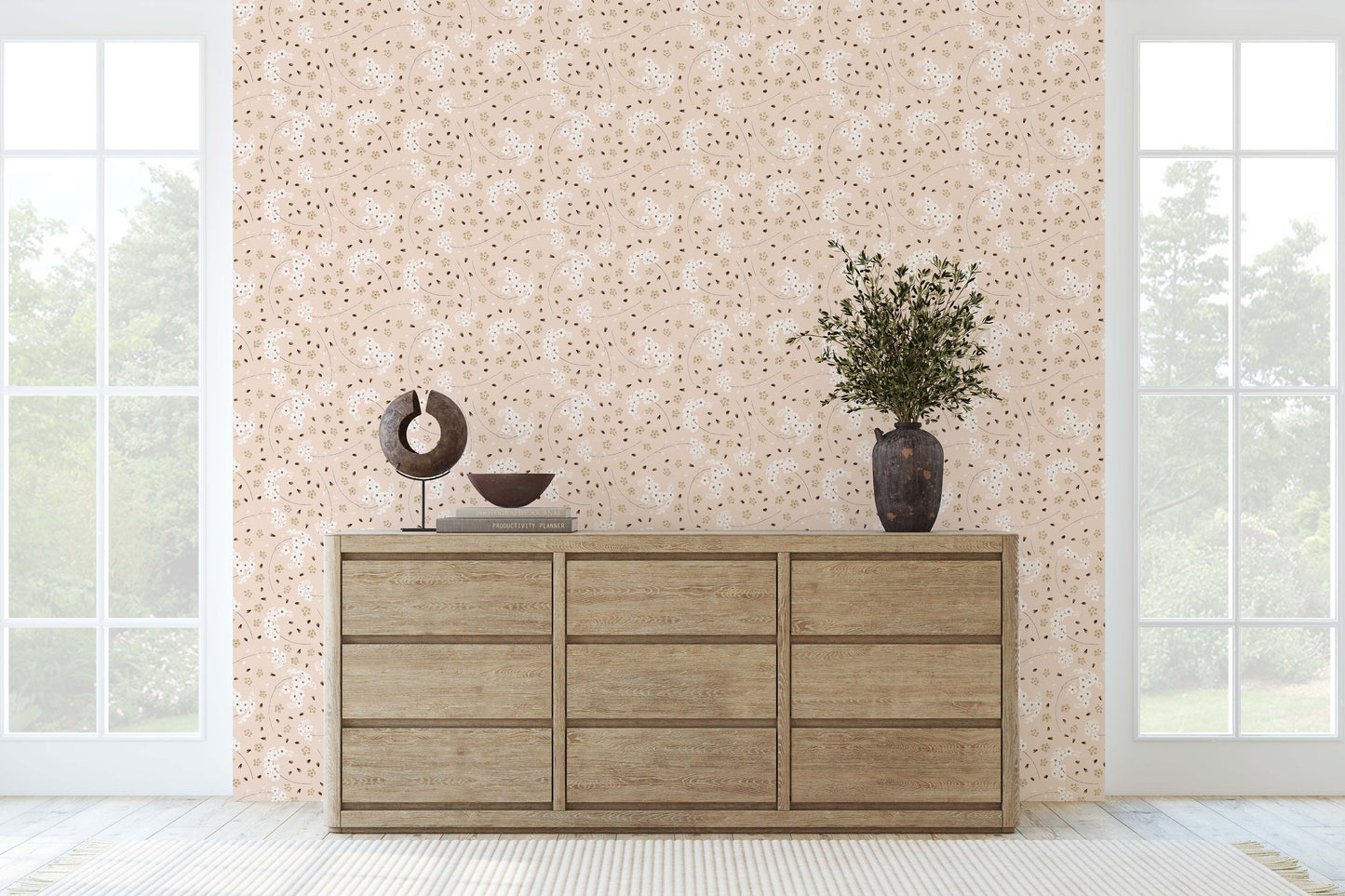 White forget me not flower print on pink/rose background easy to install and remove peel and stick custom wallpaper available in different lengths/sizes locally created and printed in Canada. Removable, washable, durable, commercial grade, customizable and water proof.
