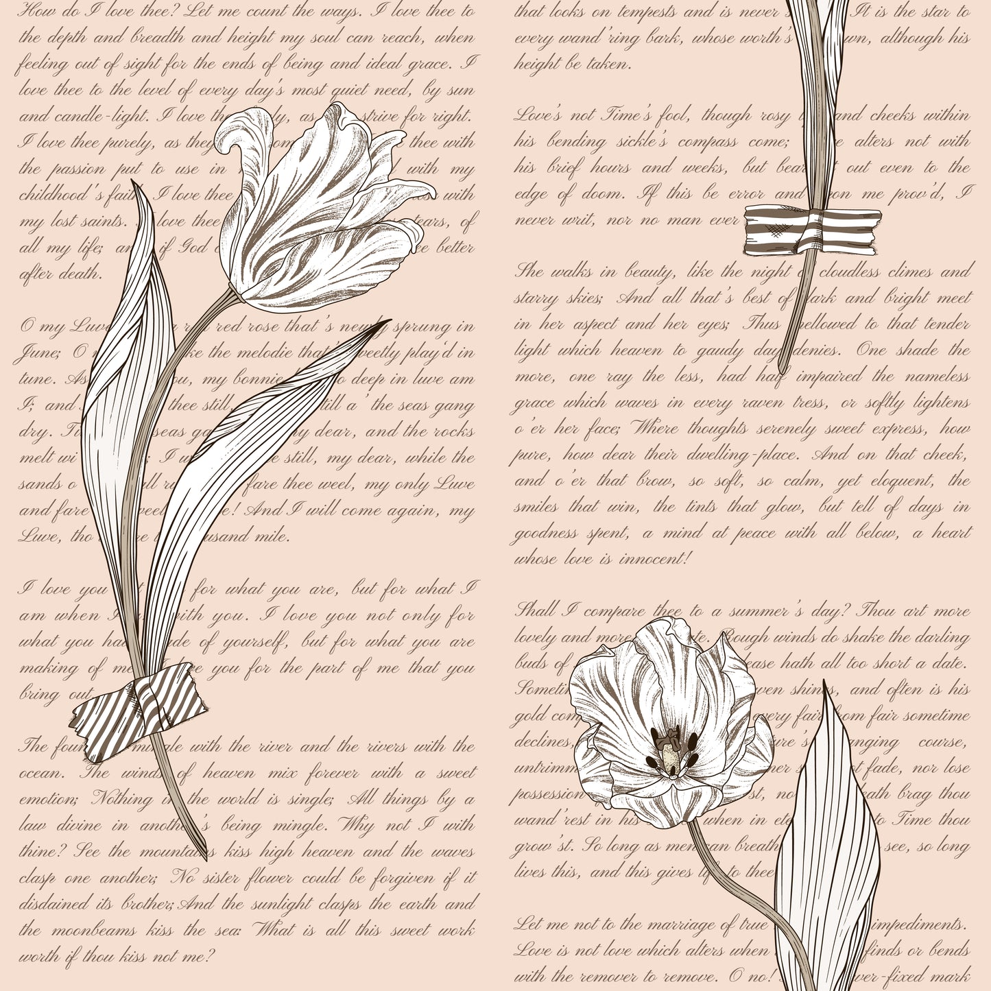 Whimsical white tulip design on script print on pink/rose background easy to install and remove peel and stick custom wallpaper available in different lengths/sizes locally created and printed in Canada wallpaper. Washable, durable, commercial grade, removable and waterproof.