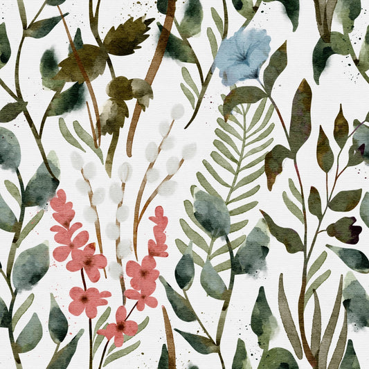 Whimsical pink, blue, green watercolour wildflower on white background easy to install and remove peel and stick custom wallpaper available in different lengths/sizes locally created and printed in Canada wallpaper. Washable, durable, commercial grade, removable and waterproof.