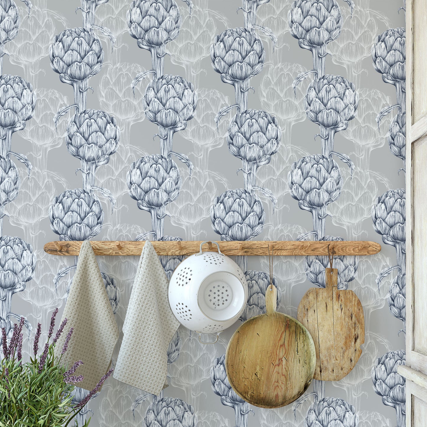 Blue and white artichoke with light grey/gray background easy to install and remove peel and stick custom wallpaper available in different lengths/sizes locally created and printed in Canada Artichoke wallpaper. Washable, durable, commercial grade, removable and waterproof.