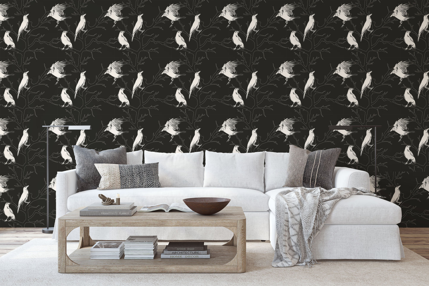White crows and trees on black background easy to install and remove peel and stick custom wallpaper available in different lengths/sizes locally created and printed in Canada. Removable, washable, durable, commercial grade, customizable and water proof.