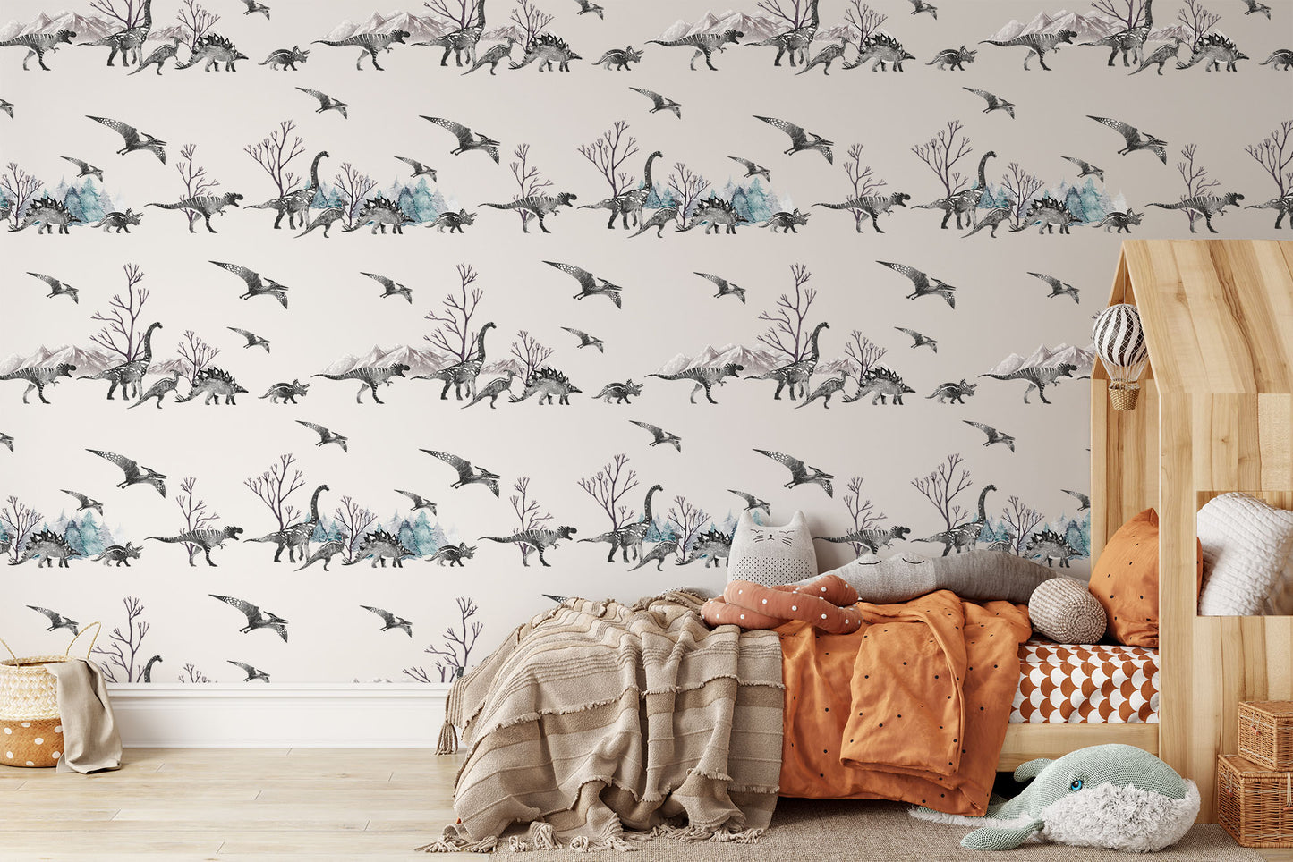 Dinos in the forest dinosaur, trees, t-rex, stegosaurus, pterodactyl print on white background easy to install and remove peel and stick custom wallpaper available in different lengths/sizes locally created and printed in Canada. Removable, washable, durable, commercial grade, customizable and water proof.