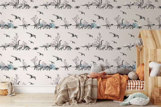 Dinos in the forest dinosaur, trees, t-rex, stegosaurus, pterodactyl print on white background easy to install and remove peel and stick custom wallpaper available in different lengths/sizes locally created and printed in Canada. Removable, washable, durable, commercial grade, customizable and water proof.