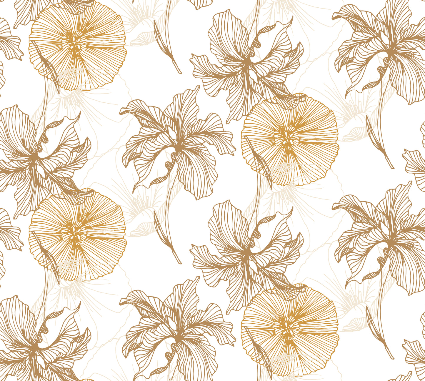 Elegant yellow/gold poppy on white background easy to install and remove peel and stick custom wallpaper available in different lengths/sizes locally created and printed in Canada. Removable, washable, durable, commercial grade, customizable and water proof.