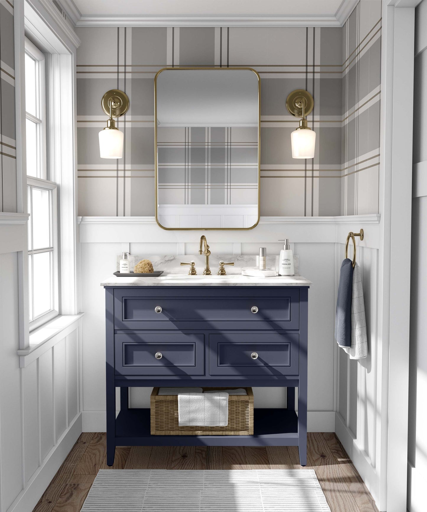 Timeless plaid grey/gray large scale print easy to install and remove peel and stick custom wallpaper available in different lengths/sizes locally created and printed in Canada wallpaper. Washable, durable, commercial grade, removable and waterproof.