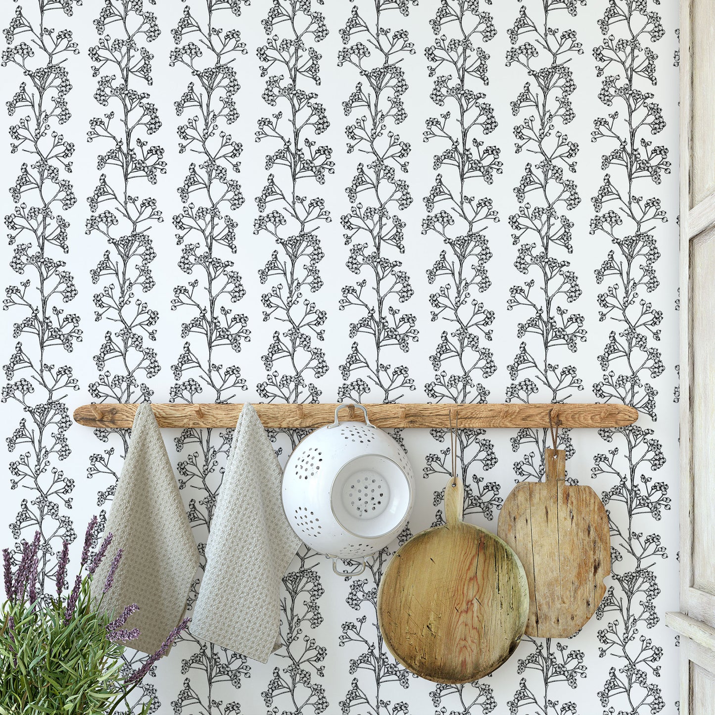 Black firethorns print on white background easy to install and remove peel and stick custom wallpaper available in different lengths/sizes locally created and printed in Canada. Removable, washable, durable, commercial grade, customizable and water proof.