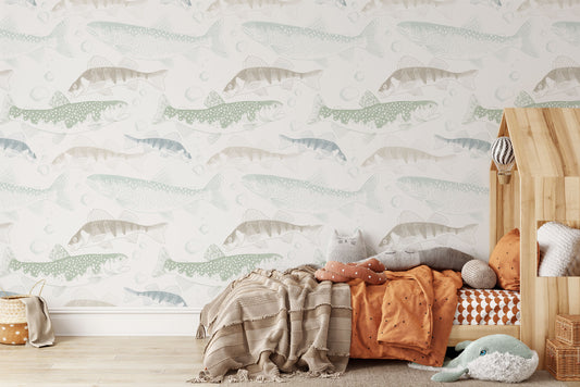 Neutral green, blue and cream fish design on white background easy to install and remove peel and stick custom wallpaper available in different lengths/sizes locally created and printed in Canada Artichoke wallpaper. Washable, durable, commercial grade, removable and waterproof.