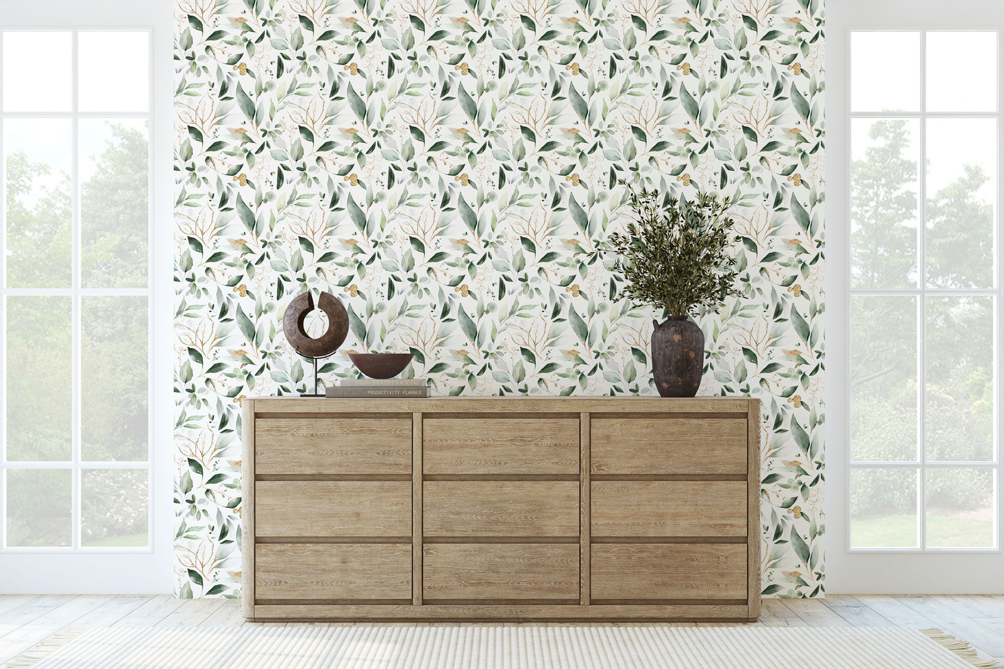 Emerald green greenery/foliage on white background easy to install and remove peel and stick custom wallpaper available in different lengths/sizes locally created and printed in Canada. Removable, washable, durable, commercial grade, customizable and water proof.