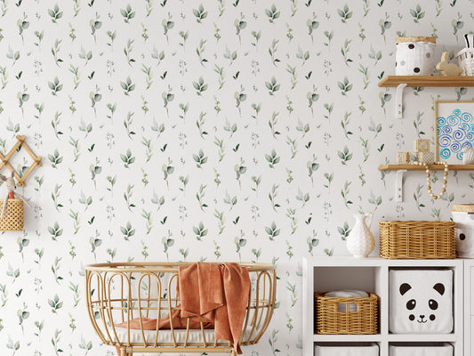 Whimsical green water colour greenery print on white background easy to install and remove peel and stick custom wallpaper available in different lengths/sizes locally created and printed in Canada wallpaper. Washable, durable, commercial grade, removable and waterproof.