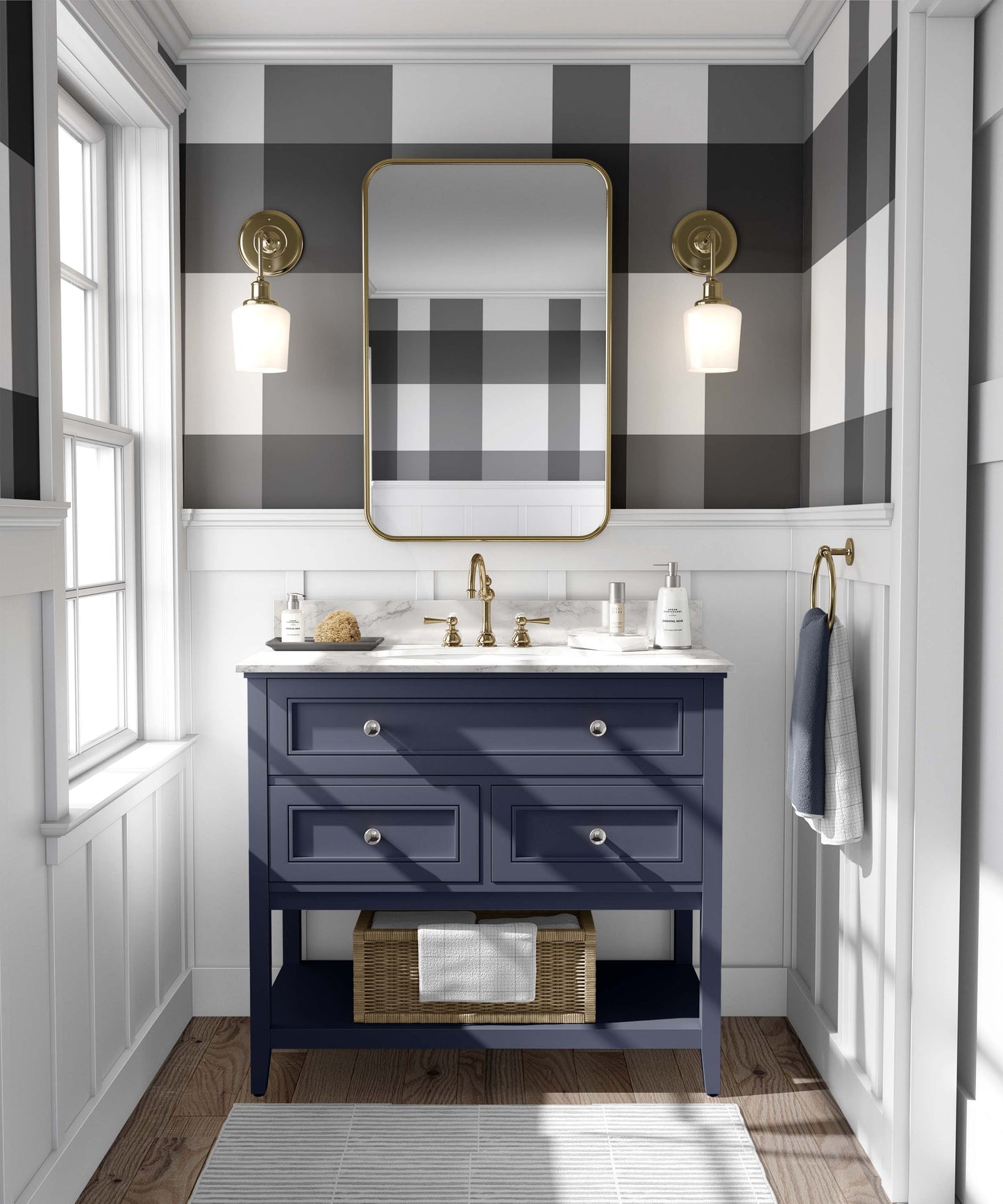 Dark grey/gray plaid print on white background easy to install and remove peel and stick custom wallpaper available in different lengths/sizes locally created and printed in Canada. Removable, washable, durable, commercial grade, customizable and water proof.